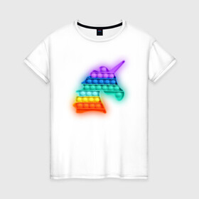 Женская футболка хлопок с принтом POP IT Единорог в Санкт-Петербурге, 100% хлопок | прямой крой, круглый вырез горловины, длина до линии бедер, слегка спущенное плечо | it | minecraft | pop | unicorn | детская | детский | единорог | майнкрафт | пиксели | цветной