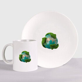 Набор: тарелка + кружка с принтом Чистая планета в Санкт-Петербурге, керамика | Кружка: объем — 330 мл, диаметр — 80 мм. Принт наносится на бока кружки, можно сделать два разных изображения. 
Тарелка: диаметр - 210 мм, диаметр для нанесения принта - 120 мм. | зеленая планета | переработка | планета | сортировка | сортировка мусора | стрелочки | чистая планета | экология