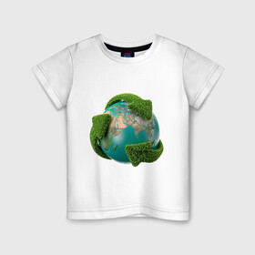 Детская футболка хлопок с принтом Чистая планета в Санкт-Петербурге, 100% хлопок | круглый вырез горловины, полуприлегающий силуэт, длина до линии бедер | Тематика изображения на принте: зеленая планета | переработка | планета | сортировка | сортировка мусора | стрелочки | чистая планета | экология
