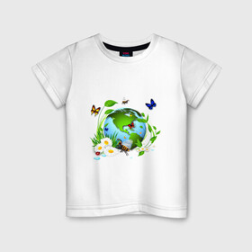 Детская футболка хлопок с принтом Чистая планета в Санкт-Петербурге, 100% хлопок | круглый вырез горловины, полуприлегающий силуэт, длина до линии бедер | бабочка | бабочки | зеленая планета | зелень | земля | листья | оса | планета | пчела | растения | ромашки | цветы | чистая планета | экология