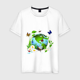 Мужская футболка хлопок с принтом Чистая планета в Санкт-Петербурге, 100% хлопок | прямой крой, круглый вырез горловины, длина до линии бедер, слегка спущенное плечо. | бабочка | бабочки | зеленая планета | зелень | земля | листья | оса | планета | пчела | растения | ромашки | цветы | чистая планета | экология