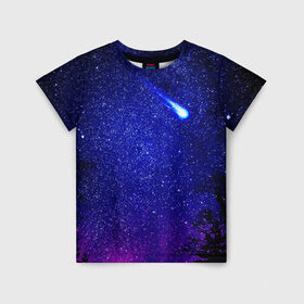 Детская футболка 3D с принтом ПОЛЁТ КОМЕТЫ  в Санкт-Петербурге, 100% гипоаллергенный полиэфир | прямой крой, круглый вырез горловины, длина до линии бедер, чуть спущенное плечо, ткань немного тянется | Тематика изображения на принте: вселенная | звёзды | комета | млечныйпуть | небо | ночь | сияние