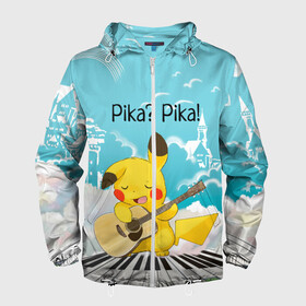 Мужская ветровка 3D с принтом Пикачу играет на гитаре в Санкт-Петербурге, 100% полиэстер | подол и капюшон оформлены резинкой с фиксаторами, два кармана без застежек по бокам, один потайной карман на груди | Тематика изображения на принте: anime | picachu | pikachu | аниме | милый | пика | пикачу | покебол | покемон