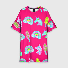 Детское платье 3D с принтом pop it радуга и единорог в Санкт-Петербурге, 100% полиэстер | прямой силуэт, чуть расширенный к низу. Круглая горловина, на рукавах — воланы | pop it | антистресс | детский | единорог | игрушка | лопать | мороженое | поп ит | пупырка | радуга | радужный | разноцветный | розовый | фуксия | шарики