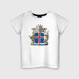 Детская футболка хлопок с принтом Герб Исландии в Санкт-Петербурге, 100% хлопок | круглый вырез горловины, полуприлегающий силуэт, длина до линии бедер | Тематика изображения на принте: бык | герб | грифон | дракон | исландии | исландия | коровы | красный | линии | орел | пастух | синий | флаг