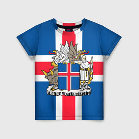 Детская футболка 3D с принтом Флаг и Герб Исландии в Санкт-Петербурге, 100% гипоаллергенный полиэфир | прямой крой, круглый вырез горловины, длина до линии бедер, чуть спущенное плечо, ткань немного тянется | бык | герб | грифон | дракон | исландии | исландия | коровы | красный | линии | орел | пастух | синий | флаг
