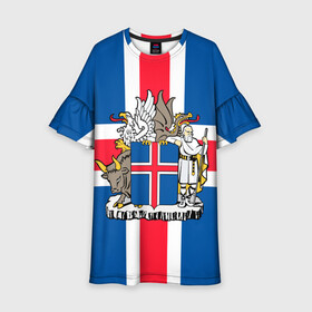 Детское платье 3D с принтом Флаг и Герб Исландии в Санкт-Петербурге, 100% полиэстер | прямой силуэт, чуть расширенный к низу. Круглая горловина, на рукавах — воланы | Тематика изображения на принте: бык | герб | грифон | дракон | исландии | исландия | коровы | красный | линии | орел | пастух | синий | флаг