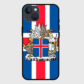 Чехол для iPhone 13 с принтом Флаг и Герб Исландии в Санкт-Петербурге,  |  | Тематика изображения на принте: бык | герб | грифон | дракон | исландии | исландия | коровы | красный | линии | орел | пастух | синий | флаг