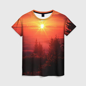 Женская футболка 3D с принтом УТРЕННИЙ РАССВЕТ НАД ОБЛАКАМИ в Санкт-Петербурге, 100% полиэфир ( синтетическое хлопкоподобное полотно) | прямой крой, круглый вырез горловины, длина до линии бедер | деревья | лес | лето | лучи | облака | рассвет | солнце | утро