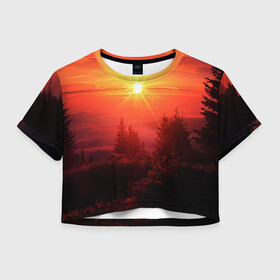 Женская футболка Crop-top 3D с принтом УТРЕННИЙ РАССВЕТ НАД ОБЛАКАМИ в Санкт-Петербурге, 100% полиэстер | круглая горловина, длина футболки до линии талии, рукава с отворотами | деревья | лес | лето | лучи | облака | рассвет | солнце | утро