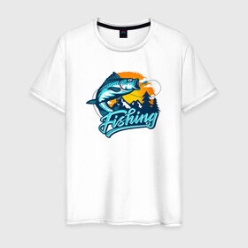 Мужская футболка хлопок с принтом Рыбалка в Санкт-Петербурге, 100% хлопок | прямой крой, круглый вырез горловины, длина до линии бедер, слегка спущенное плечо. | fishing | поклёвка | рыба | рыбалка | рыболов | спиннинг | удочка | фишинг | хобби