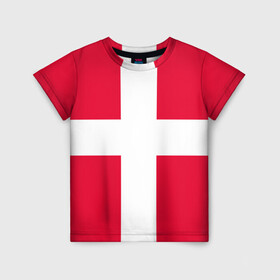 Детская футболка 3D с принтом Дания | Флаг Дании в Санкт-Петербурге, 100% гипоаллергенный полиэфир | прямой крой, круглый вырез горловины, длина до линии бедер, чуть спущенное плечо, ткань немного тянется | белый | герб | государство | дании | дания | знак | красный | крест | линии | символика | страна | флаг