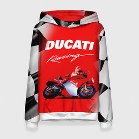 Женская толстовка 3D с принтом DUCATI / ДУКАТИ / RACING в Санкт-Петербурге, 100% полиэстер  | двухслойный капюшон со шнурком для регулировки, мягкие манжеты на рукавах и по низу толстовки, спереди карман-кенгуру с мягким внутренним слоем. | ducati | motorcycle | motosport | racing | speed | sport | байк. | гонки | двигатель | дукати | мото | мотокросс | мотоспорт | мототриал | мотоцикл | скорость | спорт