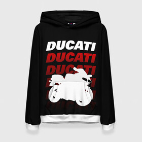 Женская толстовка 3D с принтом DUCATI / ДУКАТИ / SPORT в Санкт-Петербурге, 100% полиэстер  | двухслойный капюшон со шнурком для регулировки, мягкие манжеты на рукавах и по низу толстовки, спереди карман-кенгуру с мягким внутренним слоем. | ducati | motorcycle | motosport | racing | speed | sport | байк. | гонки | двигатель | дукати | мото | мотокросс | мотоспорт | мототриал | мотоцикл | скорость | спорт