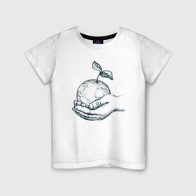 Детская футболка хлопок с принтом Мир в руках в Санкт-Петербурге, 100% хлопок | круглый вырез горловины, полуприлегающий силуэт, длина до линии бедер | Тематика изображения на принте: дружба | жизнь | любовь | мир | руки