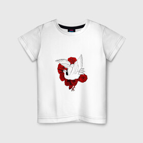Детская футболка хлопок с принтом Аист на фоне красных роз в Санкт-Петербурге, 100% хлопок | круглый вырез горловины, полуприлегающий силуэт, длина до линии бедер | аист | белый | красные | крылья | птица | птицы | розы | цветы