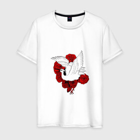 Мужская футболка хлопок с принтом Аист на фоне красных роз в Санкт-Петербурге, 100% хлопок | прямой крой, круглый вырез горловины, длина до линии бедер, слегка спущенное плечо. | Тематика изображения на принте: аист | белый | красные | крылья | птица | птицы | розы | цветы