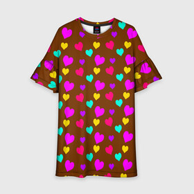 Детское платье 3D с принтом сердечки разноцветные  в Санкт-Петербурге, 100% полиэстер | прямой силуэт, чуть расширенный к низу. Круглая горловина, на рукавах — воланы | Тематика изображения на принте: hearts | love | бирюзовый | влюбленый | желтый | коричневый | любовь | разноцветные | розовый | сердечко | сердце | шоколад