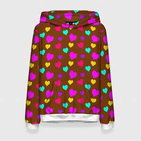 Женская толстовка 3D с принтом сердечки разноцветные  в Санкт-Петербурге, 100% полиэстер  | двухслойный капюшон со шнурком для регулировки, мягкие манжеты на рукавах и по низу толстовки, спереди карман-кенгуру с мягким внутренним слоем. | hearts | love | бирюзовый | влюбленый | желтый | коричневый | любовь | разноцветные | розовый | сердечко | сердце | шоколад