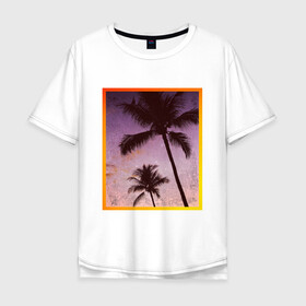 Мужская футболка хлопок Oversize с принтом пальмы закат рамка в Санкт-Петербурге, 100% хлопок | свободный крой, круглый ворот, “спинка” длиннее передней части | деревья | закат | пальмы | рамка | фиолетовый