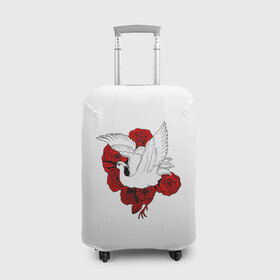 Чехол для чемодана 3D с принтом Аист на фоне красных роз в Санкт-Петербурге, 86% полиэфир, 14% спандекс | двустороннее нанесение принта, прорези для ручек и колес | аист | птица | птицы | розы | цветы