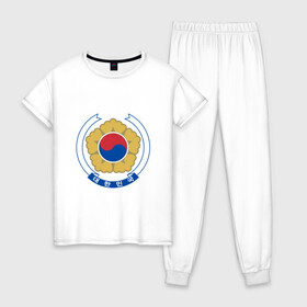 Женская пижама хлопок с принтом Корея | Корейский герб в Санкт-Петербурге, 100% хлопок | брюки и футболка прямого кроя, без карманов, на брюках мягкая резинка на поясе и по низу штанин | буква | герб | знак | иероглифы | корейский | корейский герб | корейский флаг | корея | символ | символы | флаг | флаг кореи | эмблема | эмблемма