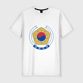 Мужская футболка хлопок Slim с принтом Корея | Корейский герб в Санкт-Петербурге, 92% хлопок, 8% лайкра | приталенный силуэт, круглый вырез ворота, длина до линии бедра, короткий рукав | буква | герб | знак | иероглифы | корейский | корейский герб | корейский флаг | корея | символ | символы | флаг | флаг кореи | эмблема | эмблемма