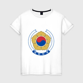Женская футболка хлопок с принтом Корея | Корейский герб в Санкт-Петербурге, 100% хлопок | прямой крой, круглый вырез горловины, длина до линии бедер, слегка спущенное плечо | буква | герб | знак | иероглифы | корейский | корейский герб | корейский флаг | корея | символ | символы | флаг | флаг кореи | эмблема | эмблемма
