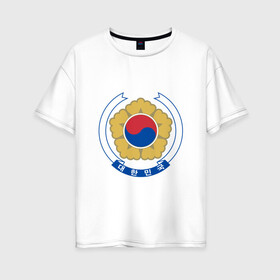 Женская футболка хлопок Oversize с принтом Корея | Корейский герб в Санкт-Петербурге, 100% хлопок | свободный крой, круглый ворот, спущенный рукав, длина до линии бедер
 | буква | герб | знак | иероглифы | корейский | корейский герб | корейский флаг | корея | символ | символы | флаг | флаг кореи | эмблема | эмблемма