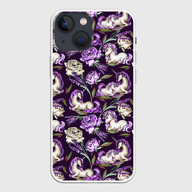 Чехол для iPhone 13 mini с принтом Единороги и цветы   темный в Санкт-Петербурге,  |  | единорог | единороги | единорожек | лаванда | малыш | мама | роза | розы | сказка | сказочный | фентези | цветок | цветочный | цветы