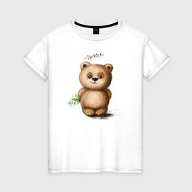 Женская футболка хлопок с принтом Медведь в Санкт-Петербурге, 100% хлопок | прямой крой, круглый вырез горловины, длина до линии бедер, слегка спущенное плечо | зверь | игрушка цветок | медведик | медведь | медвежонок | милый | мишка | привет | ромашка