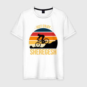 Мужская футболка хлопок с принтом Just enjoy. Sheregesh в Санкт-Петербурге, 100% хлопок | прямой крой, круглый вырез горловины, длина до линии бедер, слегка спущенное плечо. | gesh | sheregesh | велоспорт | вершина | геш | горы | горы шерегеша | отдых | шерегеш