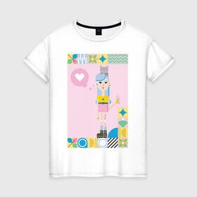 Женская футболка хлопок с принтом Девочка с напитком в Санкт-Петербурге, 100% хлопок | прямой крой, круглый вырез горловины, длина до линии бедер, слегка спущенное плечо | девочка | лето | напиток | розовая юбка | синие волосы
