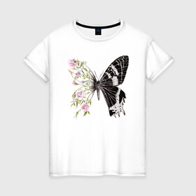 Женская футболка хлопок с принтом Бабочка и цветы в Санкт-Петербурге, 100% хлопок | прямой крой, круглый вырез горловины, длина до линии бедер, слегка спущенное плечо | акварель | бабочка | бутоны | графика | крылья | лето | насекомое | природа | растение | розы | фауна | цветы | шипы