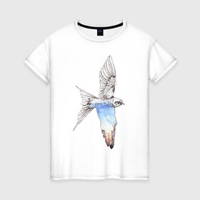 Женская футболка хлопок с принтом Ласточка и город в Санкт-Петербурге, 100% хлопок | прямой крой, круглый вырез горловины, длина до линии бедер, слегка спущенное плечо | акварель | город | графика | крылья | ласточка | лето | перья | полет | птица | стриж