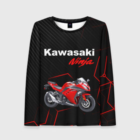 Женский лонгслив 3D с принтом KAWASAKI NINJA /  КАВАСАКИ в Санкт-Петербурге, 100% полиэстер | длинные рукава, круглый вырез горловины, полуприлегающий силуэт | kawasaki | motorcycle | motosport | ninja | racing | speed | sport | байк | гонки | двигатель | кавасаки | мото | мотокросс | мотоспорт | мототриал | мотоцикл | нинзя. | скорость | спорт