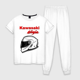 Женская пижама хлопок с принтом KAWASAKI NINJA / КАВАСАКИ в Санкт-Петербурге, 100% хлопок | брюки и футболка прямого кроя, без карманов, на брюках мягкая резинка на поясе и по низу штанин | kawasaki | motorcycle | motosport | ninja | racing | speed | sport | байк | гонки | двигатель | кавасаки | мото | мотокросс | мотоспорт | мототриал | мотоцикл | нинзя. | скорость | спорт