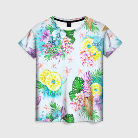 Женская футболка 3D с принтом Тропические цветы и фрукты в Санкт-Петербурге, 100% полиэфир ( синтетическое хлопкоподобное полотно) | прямой крой, круглый вырез горловины, длина до линии бедер | Тематика изображения на принте: ананас | ананасы | букеты | монстера | мороженое | орхидеи | отдых | пляжные | тропики | фрукты | цветочки | цветы | юг | южные