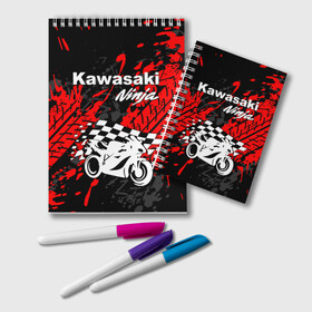 Блокнот с принтом KAWASAKI NINJA / КАВАСАКИ в Санкт-Петербурге, 100% бумага | 48 листов, плотность листов — 60 г/м2, плотность картонной обложки — 250 г/м2. Листы скреплены удобной пружинной спиралью. Цвет линий — светло-серый
 | kawasaki | motorcycle | motosport | ninja | racing | speed | sport | байк | гонки | двигатель | кавасаки | мото | мотокросс | мотоспорт | мототриал | мотоцикл | нинзя. | скорость | спорт