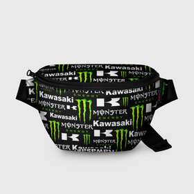 Поясная сумка 3D с принтом KAWASAKI X MONSTER ENERGY в Санкт-Петербурге, 100% полиэстер | плотная ткань, ремень с регулируемой длиной, внутри несколько карманов для мелочей, основное отделение и карман с обратной стороны сумки застегиваются на молнию | kawasaki | monster energy | motorcycle | motosport | racing | speed | sport | байк | гонки | двигатель | кавасаки | монстер энерджи. | мото | мотокросс | мотоспорт | мототриал | мотоцикл | скорость | спорт