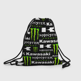 Рюкзак-мешок 3D с принтом KAWASAKI X MONSTER ENERGY в Санкт-Петербурге, 100% полиэстер | плотность ткани — 200 г/м2, размер — 35 х 45 см; лямки — толстые шнурки, застежка на шнуровке, без карманов и подкладки | kawasaki | monster energy | motorcycle | motosport | racing | speed | sport | байк | гонки | двигатель | кавасаки | монстер энерджи. | мото | мотокросс | мотоспорт | мототриал | мотоцикл | скорость | спорт