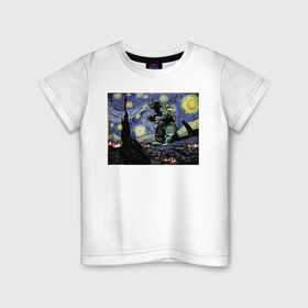 Детская футболка хлопок с принтом Годзилла Ван Гога в Санкт-Петербурге, 100% хлопок | круглый вырез горловины, полуприлегающий силуэт, длина до линии бедер | ван гог | годзилла | живопись