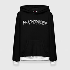 Женская толстовка 3D с принтом Phasmophobia logo в Санкт-Петербурге, 100% полиэстер  | двухслойный капюшон со шнурком для регулировки, мягкие манжеты на рукавах и по низу толстовки, спереди карман-кенгуру с мягким внутренним слоем. | horror | phasmophobia | игра | пхасмафобия | пхасмофобия | фазмофобия | фасмофобия | хоррор