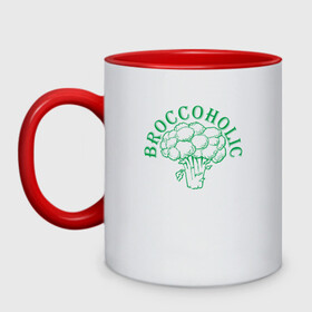 Кружка двухцветная с принтом Broccoholic в Санкт-Петербурге, керамика | объем — 330 мл, диаметр — 80 мм. Цветная ручка и кайма сверху, в некоторых цветах — вся внутренняя часть | green | greenpaece | nature | sport | vegan | yoga | веган | вегетарианец | гринпис | еда | животные | жизнь | здоровье | зеленый | йога | мир | овощи | пища | планета | природа | растение | спорт | тело | фрукты