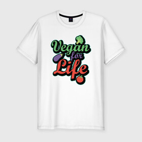 Мужская футболка хлопок Slim с принтом Vegan For Life в Санкт-Петербурге, 92% хлопок, 8% лайкра | приталенный силуэт, круглый вырез ворота, длина до линии бедра, короткий рукав | Тематика изображения на принте: green | greenpeace | nature | sport | vegan | yoga | веган | вегетарианец | гринпис | еда | животные | жизнь | здоровье | зеленый | йога | мир | овощи | пища | планета | природа | растение | спорт | тело | фрукты