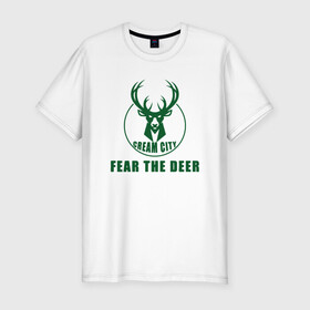 Мужская футболка хлопок Slim с принтом Fear The Deer в Санкт-Петербурге, 92% хлопок, 8% лайкра | приталенный силуэт, круглый вырез ворота, длина до линии бедра, короткий рукав | antetokounmpo | basketball | bucks | giannis | milwaukee | mvp | nba | sport | streetball | адетокумбо | бакс | баскетбол | игра | милуоки | мяч | нба | олень | спорт | стритбол | тренер | чемпион | янис