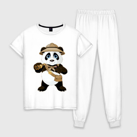 Женская пижама хлопок с принтом Панда путешественница  в Санкт-Петербурге, 100% хлопок | брюки и футболка прямого кроя, без карманов, на брюках мягкая резинка на поясе и по низу штанин | бинокль | животное | маленькая панда | медвежонок | панда | панда путешественница | путешественник | черно белый медведь | экспедитор