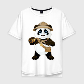 Мужская футболка хлопок Oversize с принтом Панда путешественница  в Санкт-Петербурге, 100% хлопок | свободный крой, круглый ворот, “спинка” длиннее передней части | бинокль | животное | маленькая панда | медвежонок | панда | панда путешественница | путешественник | черно белый медведь | экспедитор