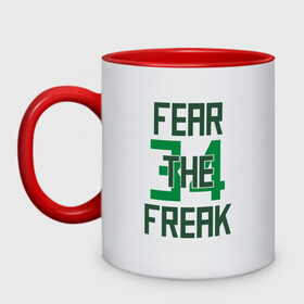 Кружка двухцветная с принтом Fear The Freak 34 в Санкт-Петербурге, керамика | объем — 330 мл, диаметр — 80 мм. Цветная ручка и кайма сверху, в некоторых цветах — вся внутренняя часть | Тематика изображения на принте: antetokounmpo | basketball | bucks | giannis | milwaukee | mvp | nba | sport | streetball | адетокумбо | бакс | баскетбол | игра | милуоки | мяч | нба | олень | спорт | стритбол | тренер | чемпион | янис