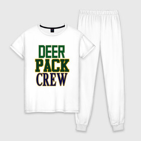 Женская пижама хлопок с принтом Deer Pack Crew в Санкт-Петербурге, 100% хлопок | брюки и футболка прямого кроя, без карманов, на брюках мягкая резинка на поясе и по низу штанин | antetokounmpo | basketball | bucks | giannis | milwaukee | mvp | nba | sport | streetball | адетокумбо | бакс | баскетбол | игра | милуоки | мяч | нба | олень | спорт | стритбол | тренер | чемпион | янис